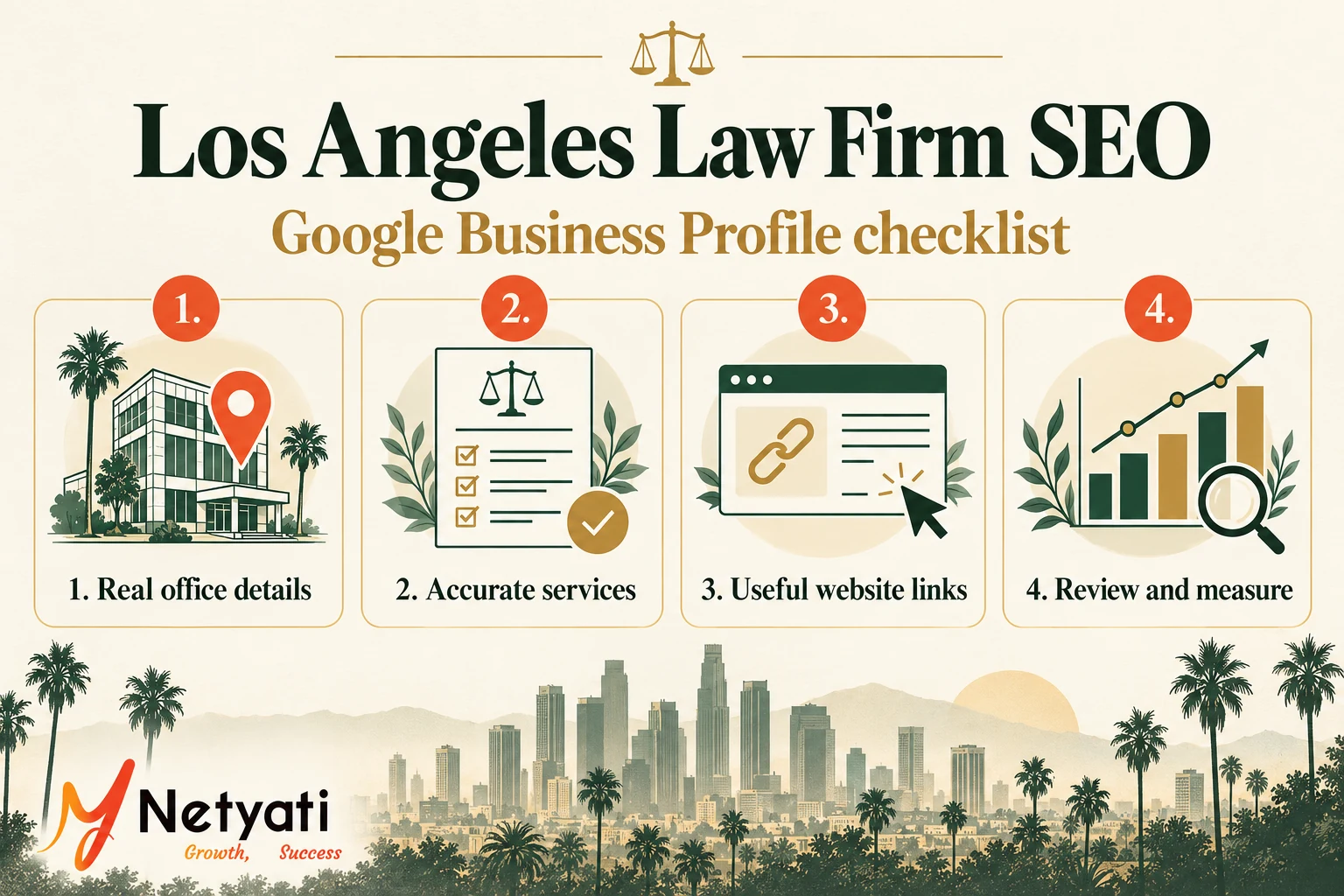 Google Business Profile checklist for Los Angeles law firms covering real office details, accurate services, website links and measurement.